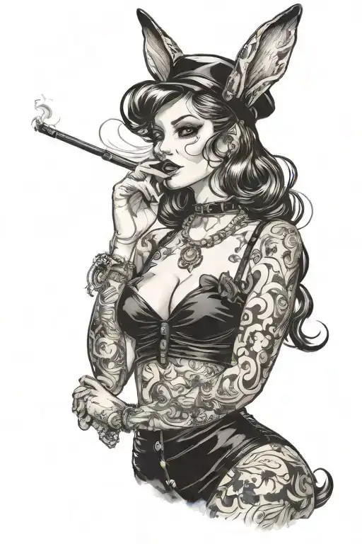 Pin up goth bunny girl standing smoking sigarette and have tattoos tattoo design idea