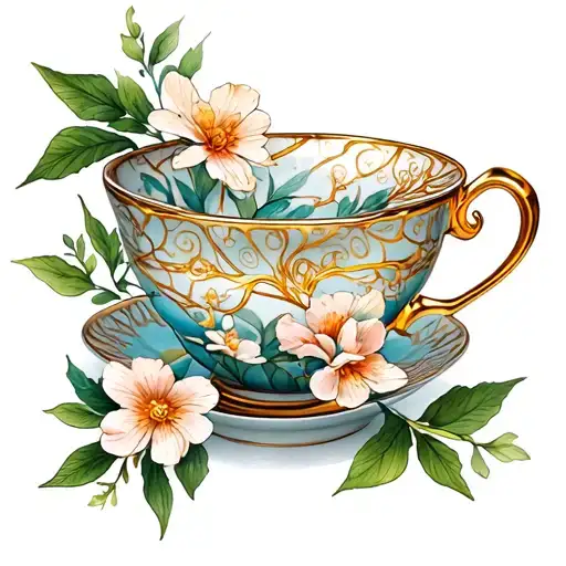 kintsugi tea cup with flowers tattoo design idea