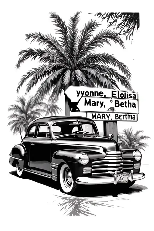 1947 Chevy Fleetline w street sign that says "yvonne, Eloisa, Mary, Bertha" also palm tree back ground tattoo design idea