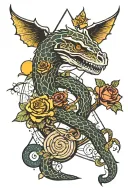 tree snake one pyramid black eagle waterfalls eyeball wheelchair sun, moon ,whale, dragon emersing, yinyang skull roses tattoo design idea