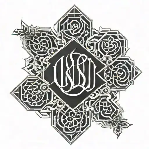 arabic calligraphy "جودي" flowers intertwined geometric tattoo design idea
