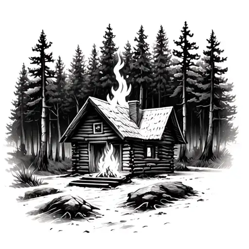 cabin in woods with lit camp fire photorealism tattoo design idea