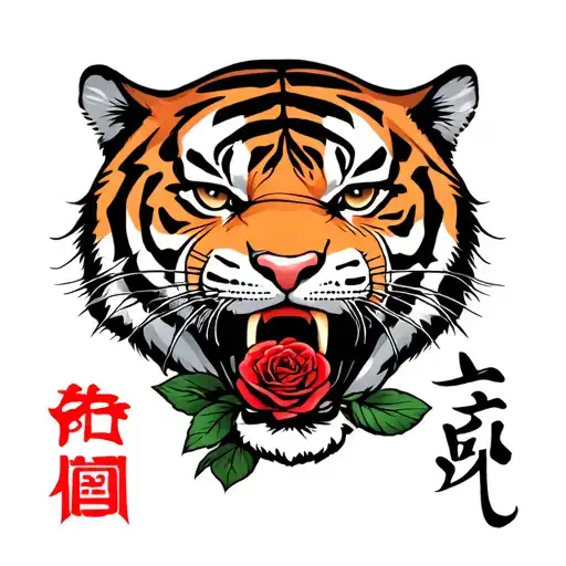 tiger with a rose in his mouth and the kanji for 継続 tattoo design idea