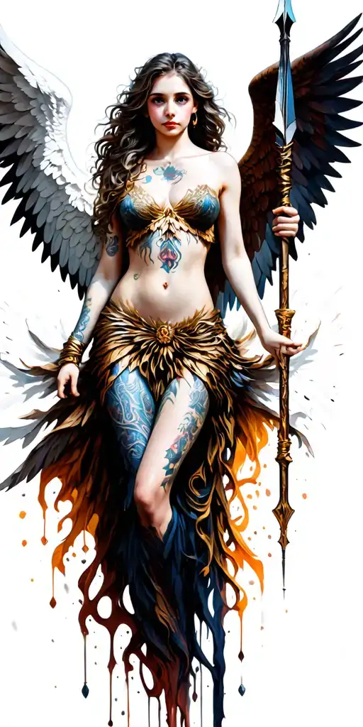fantasy style tattooed, female angel featuring spear, huge white wings tattoo design idea