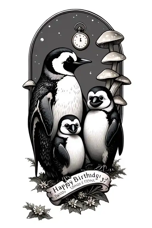 Mother and father penguin with baby penguin and a pocket watch with daughters name andbirthday surrounded by mushrooms  tattoo design idea