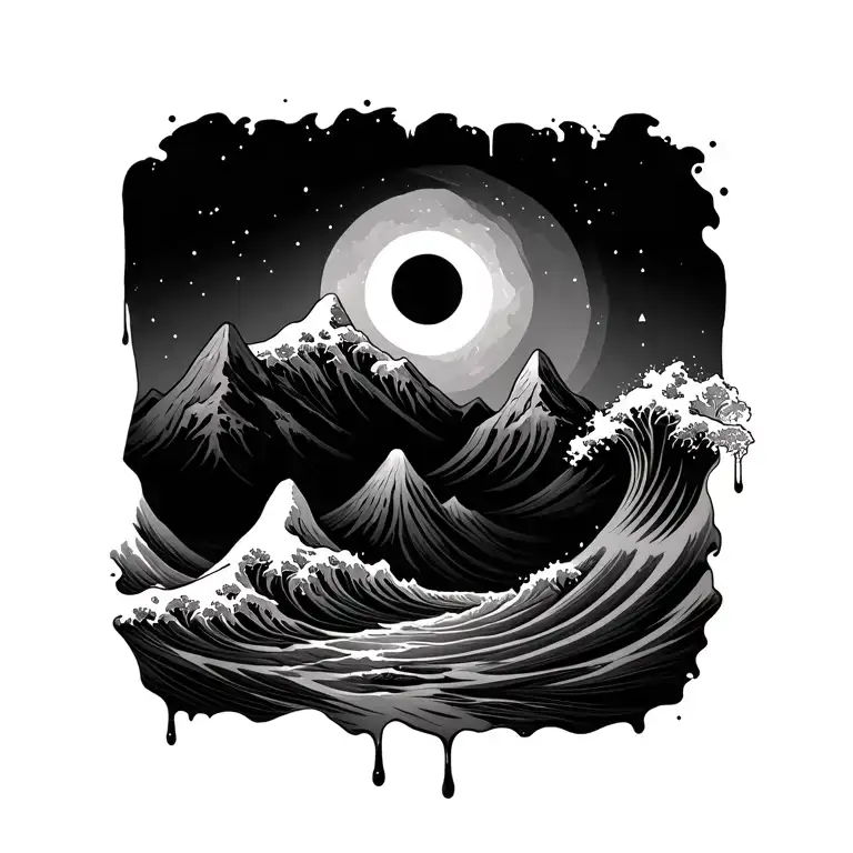 wave circle dripping into mountains tattoo design idea