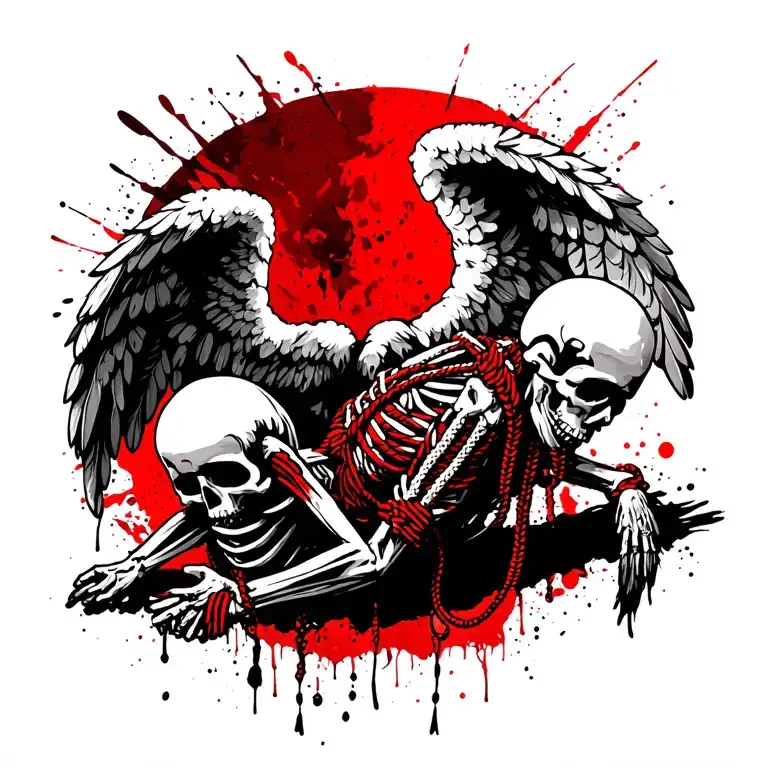 A skeleton Pararescueman gliding, head bowed, with angel wings made of paracord and feathers, representing the sacrific tattoo design idea