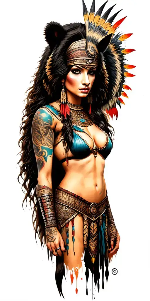 azteca lady warrior, bear,raven, sexy, azteca tribal. tattoo design idea