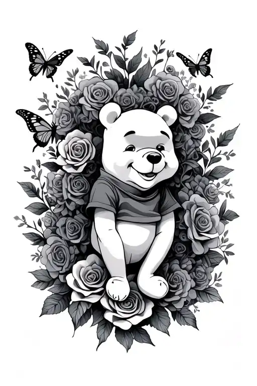 winne the Pooh with butterflies and roses  tattoo design idea