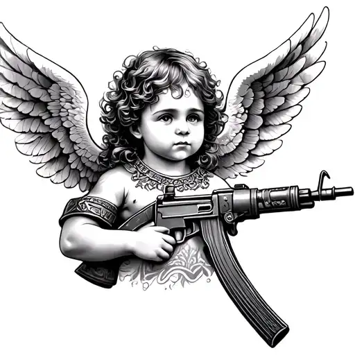 Tattoo design in fine line art, angelic child with AK-47, styled like a warrior cherub, decorated with small tattoos — t tattoo design idea