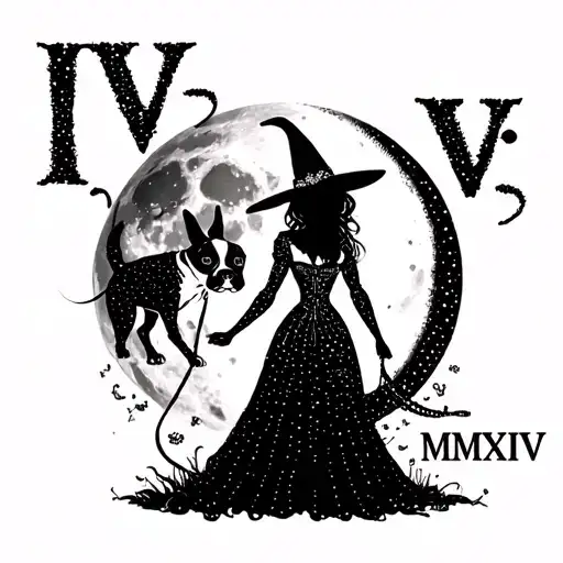 "IV - V - MMXIV" "IV - V - MMXIV" sexy witch bride with boston terrier on leash silhouette over full moon tattoo design idea