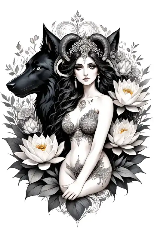 Aries sexy goddess surrounded by poeny and lotus flowers and black wolf  tattoo design idea