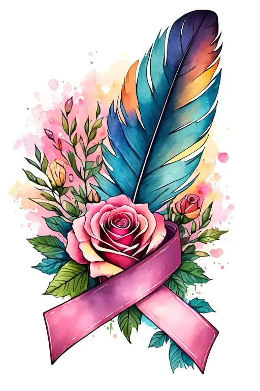 "Mella" multicolor rose feather breast cancer ribbon wrapped tattoo design idea