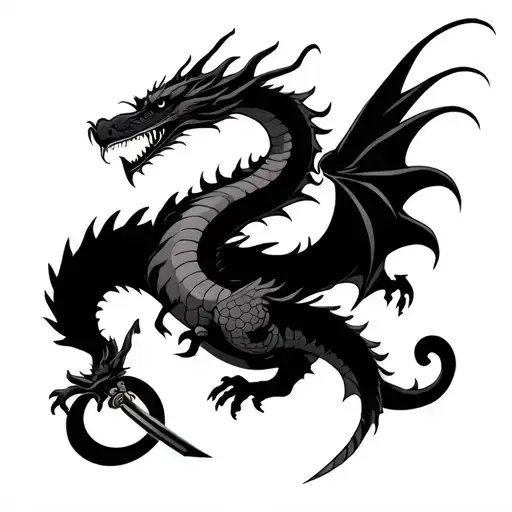  flying dragon with Katana sword and japanes symbol for family  tattoo design idea