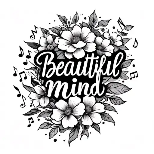 tattoo thats says "beautiful mind" in cursive with flowers and music notes surrounding it. no circle tattoo design idea