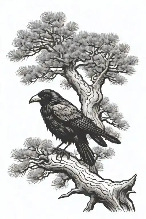 a crow on a Ponderosa pine tree in the mountains in a Dimond view  tattoo design idea