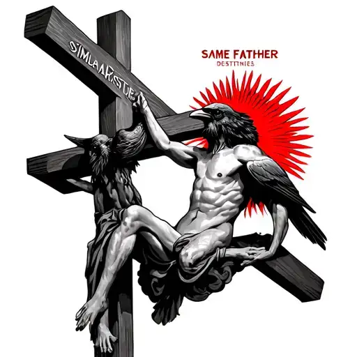 "SAME FATHER, SIMILAR DESTINIES" The crucified devil and a raven sitting on the arms of the cross are linear lines, with a halo drawn with a thin red bru tattoo design idea