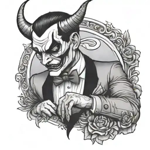 men with a devil face in a tuxedo sitting alone  tattoo design idea
