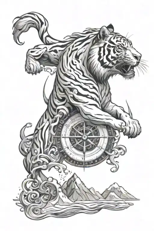 tiger roaring, horse galloping , compass surrounded by mermaids, mountains and sun tattoo design idea
