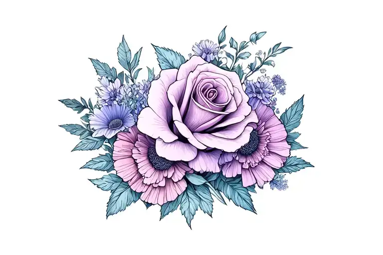 rose, lilly, carnation, violet, cosmos flowers intertwined tattoo design idea