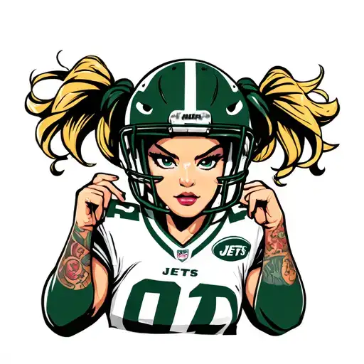 cartoon woman in ripped Jets football jersey, arm tattoos, no helmet, new school, pig tails, blonde tattoo design idea