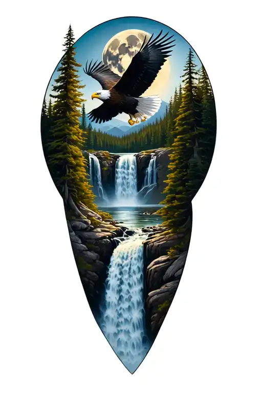forest with a waterfall in the middle and a bald eagle flying with a moon in the background tattoo design idea