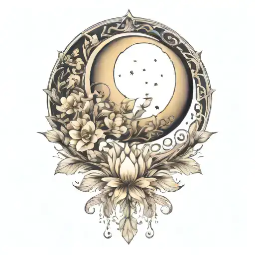 crescent moon, floral, symmetrical, art deco tattoo design idea