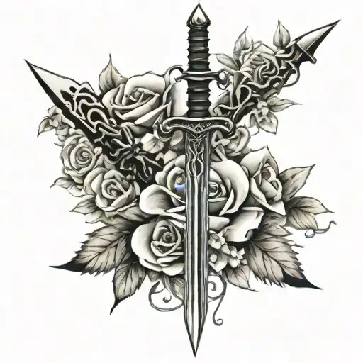 a spine tattoo with flowers and a sword intertwined tattoo design idea
