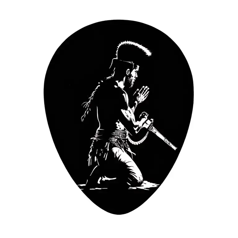 Side profile, Spartin warrior on one knee while praying with weapon by side before battle. tattoo design idea