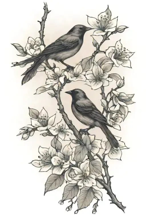 sideways skinny spooky scary cherry branch with minimal blossoms and four very small solid blackbirds  sitting  tattoo design idea