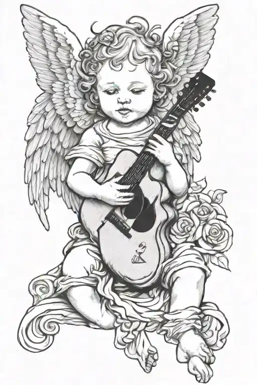 Baby angel playing the guitar tattoo design idea