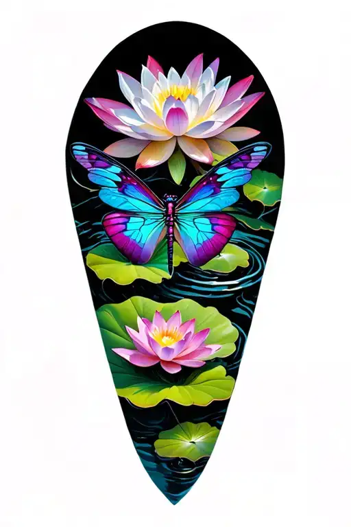 manly butterfly dragonfly and lotus flowers  tattoo design idea