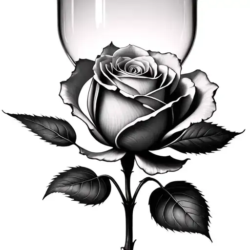 clean, minimalist hourglass, standing upright.	•	The top half holds a single, perfectly shaped rose petal suspended in  tattoo design idea