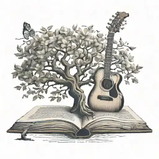 tree of life growing out of a book. a guitar leaning against the tree tattoo design idea