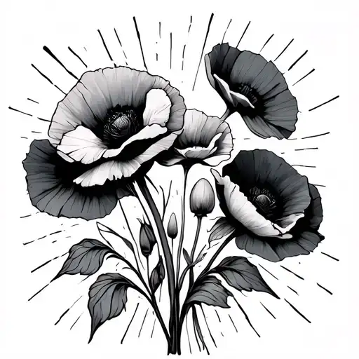 for the fallen poem with poppies and sun beams shining tattoo design idea