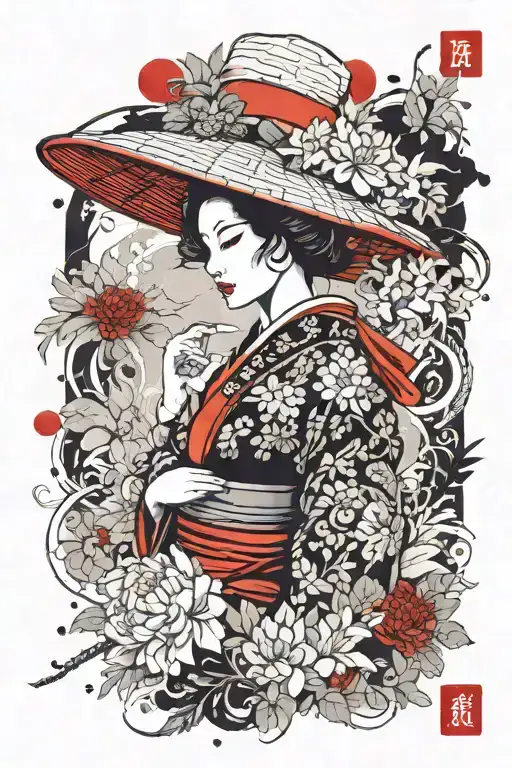 geisha using oriental straw hat holding a omamori amulet with chrysanthemum floral filler tattoo design idea