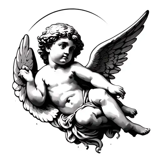 I would like a black and gray style tattoo. The subject is Cupid without wings, with his face lowered as a sign of sadness tattoo design idea
