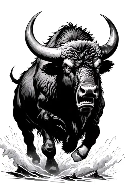 angry buffalo running into storm tattoo design idea