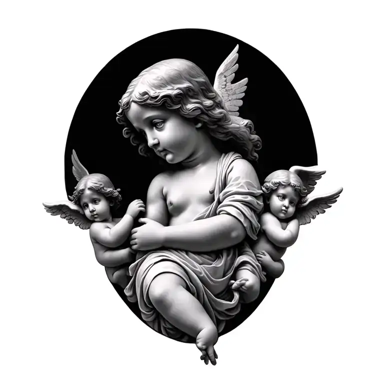 A black and gray realism tattoo sleeve design for the upper arm. At the bottom (bicep area), three angelic cherubs. One  tattoo design idea