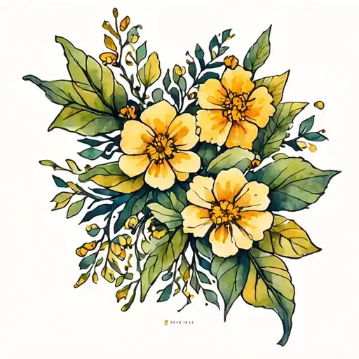 Celtic father-daughter knot design incorporating stems, leaves, marigold blossoms and honeysuckle blossoms tattoo design idea