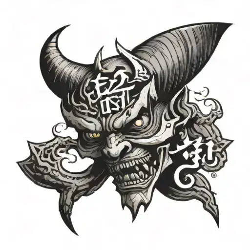 Half demon half angle with 333 and Japanese lettering and cracked face   tattoo design idea