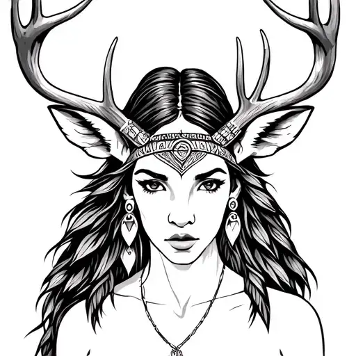 Pocahontas wearing deer head. make it tribal and majestic tattoo design idea