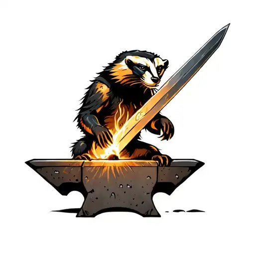 A honey badger forges his sword on an anvil tattoo design idea