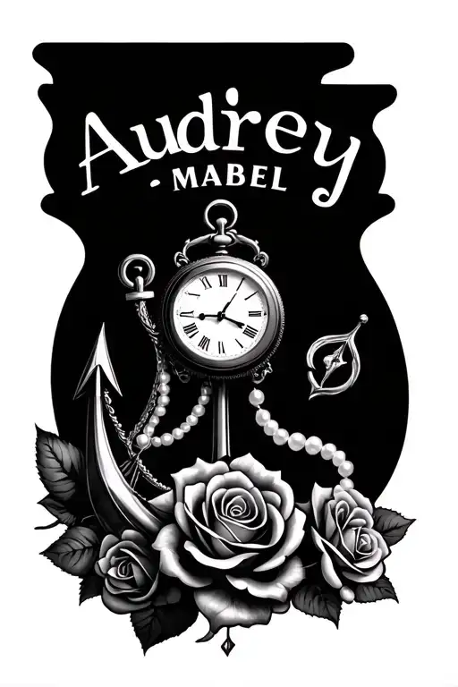 "Audrey, Mabel" roses, clock, anchor, pearls, ship tattoo design idea