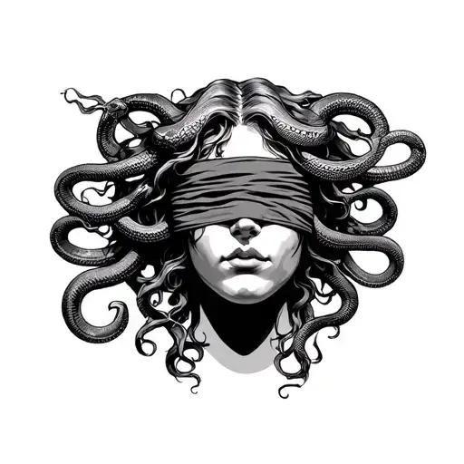 Blindfolded medusa face with snakes tattoo design idea