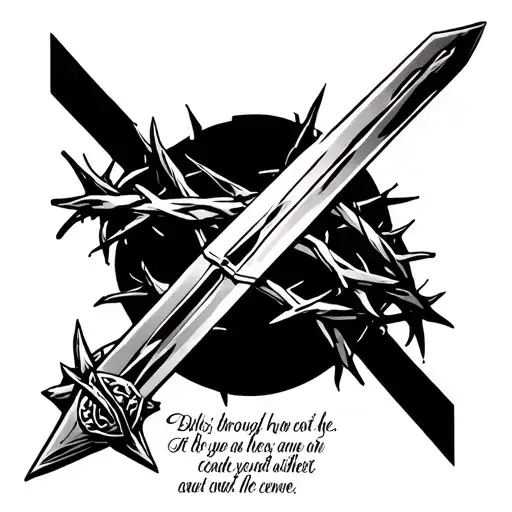 crown of thorns wrapped around forearm with sword going through it and a bible verse underneath the crown of thorns  tattoo design idea