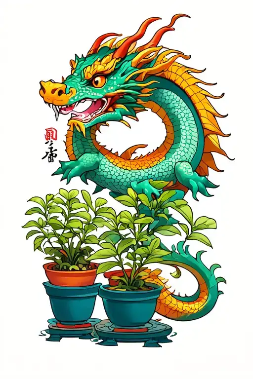 a small dragon, long and thin body, not threatening, around some  potted plants tattoo design idea