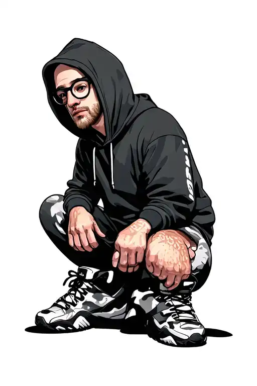 bald garden nome with glasses a hoodie and white and black camo jogging bottems on  tattoo design idea