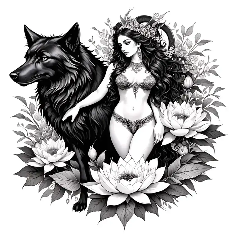Aries sexy goddess surrounded by poeny and lotus flowers and black wolf  tattoo design idea