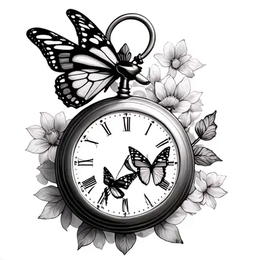 pocket watch and 3 monarch butterfly resting tattoo design idea